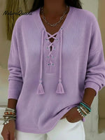 Boho Style Casual V-neck Drawstring Tassel Pullover