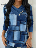 Artistic Patchwork Print Button-up Pullover Top