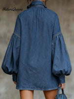 Women's High-neck, Bow-tie, Puff-sleeve Denim Cotton Mini Dress