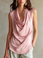 Women's Solid-color Cowl Neck Sleeveless Casual Loose-fit Satin Top