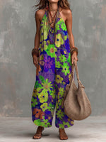 Women's Abstract Print V-neck Sleeveless Casual Loose-fit Cotton-linen Wide-leg Jumpsuit