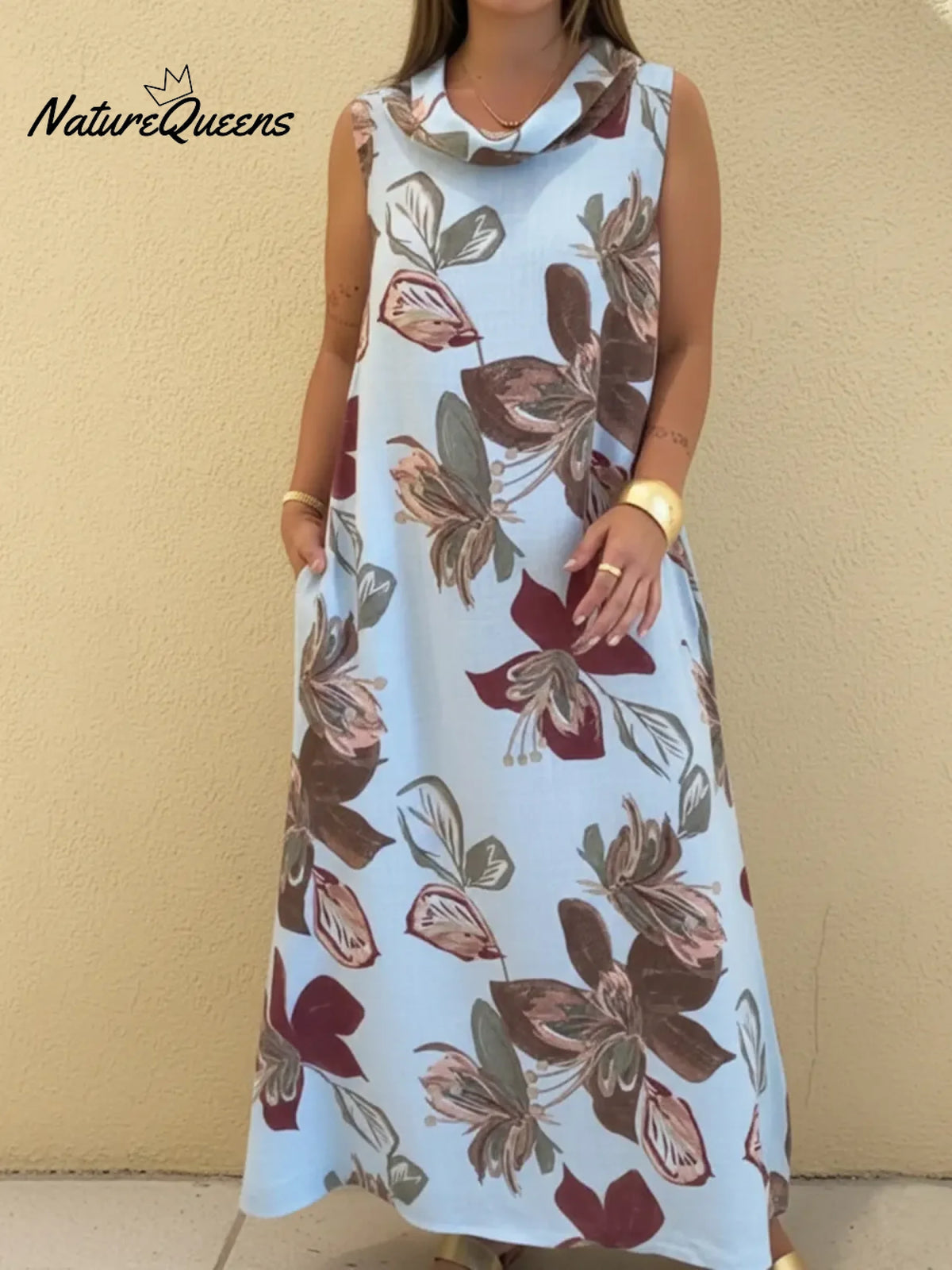 Blooming Lily Print Draped Collar Midi Dress