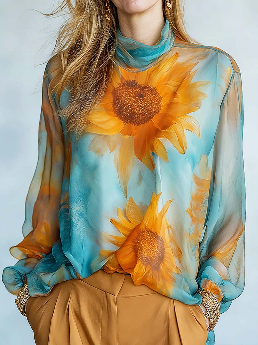 Women's Sunflower Print Stand-collar Long-sleeve Casual Loose Chiffon Two-piece Top