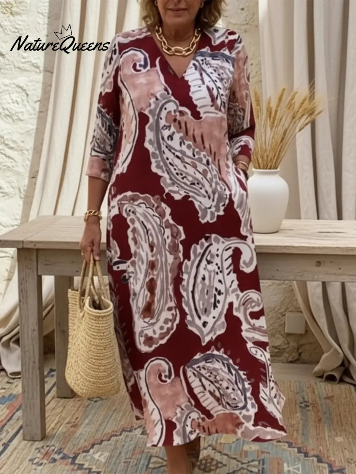 Retro V-neck Paisley Print Linen Midi Dress