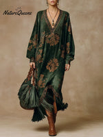Women's Retro Print V-neck Long-sleeved Casual Loose Suede Tassel Dress