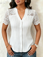 V-neck Vertical Pleat Lace Splice Fitted Short Sleeve Blouse