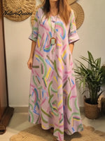 Artistic Colorful Brushstroke Print Loose Linen Dress