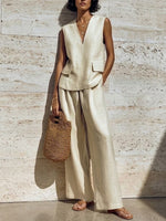 Women's Simple Sleeveless Cotton And Linen Set