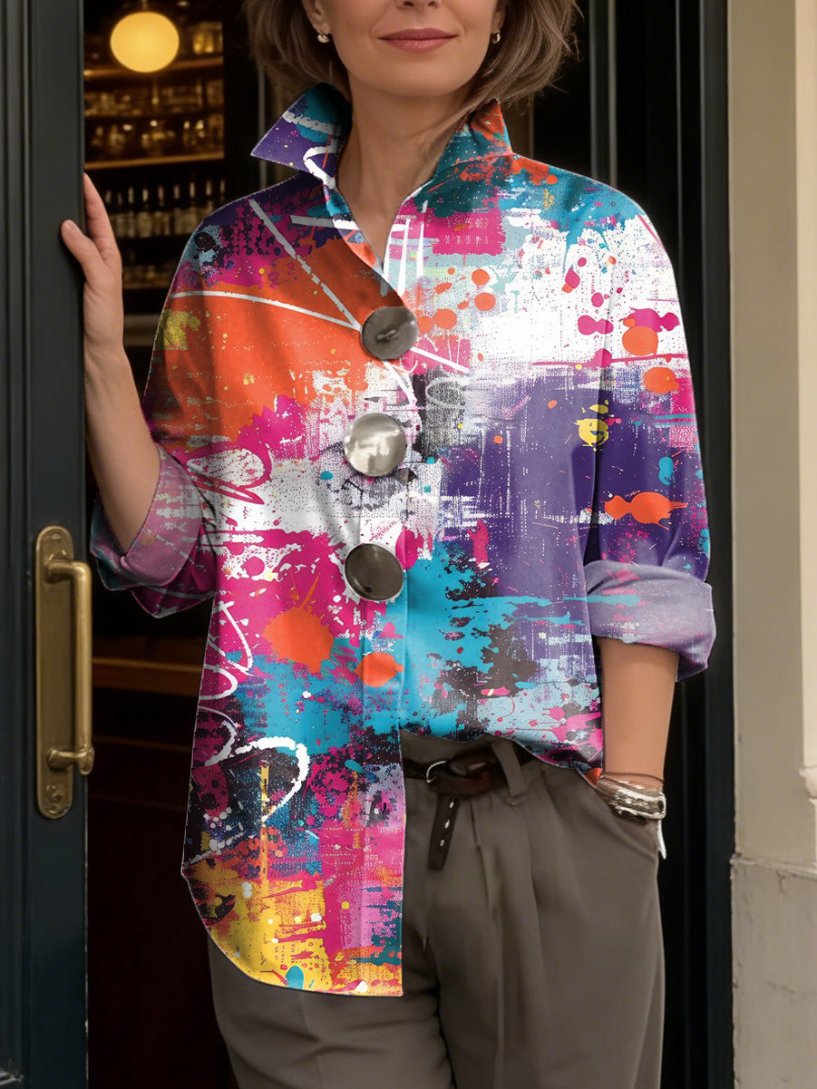 Artistic Watercolor Abstract Graffiti Print Metal-button Shirt