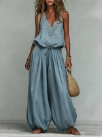 Women's Cotton-linen Embroidered Vest Lantern Wide-leg Pants