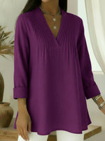 Casual Pleated V-neck Loose Linen-cotton Top