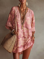 Casual Lace-trimmed Collar Leopard Print Loose-fit Tunic Shirt