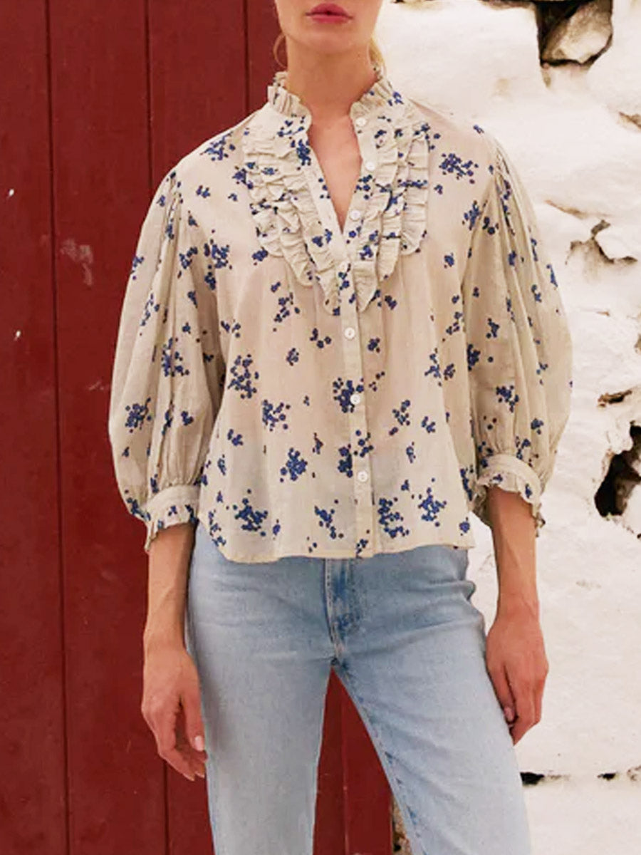 Women's Floral Ruffled Art Casual Stylish Cotton Linen Shirt