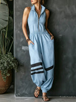 Women's Placement-print Collared Sleeveless Loose-fit Wide-leg Jumpsuit