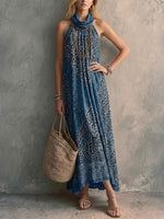 Bohemian Art-print Halter-neck Sleeveless Linen And Cotton Dress