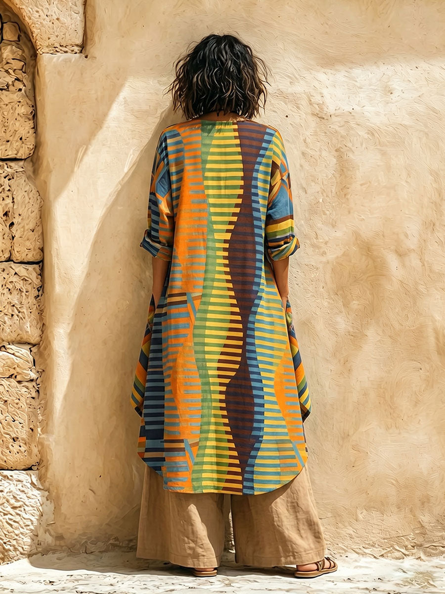 Women's Retro Geometry Print Cotton-linen Two-piece Set