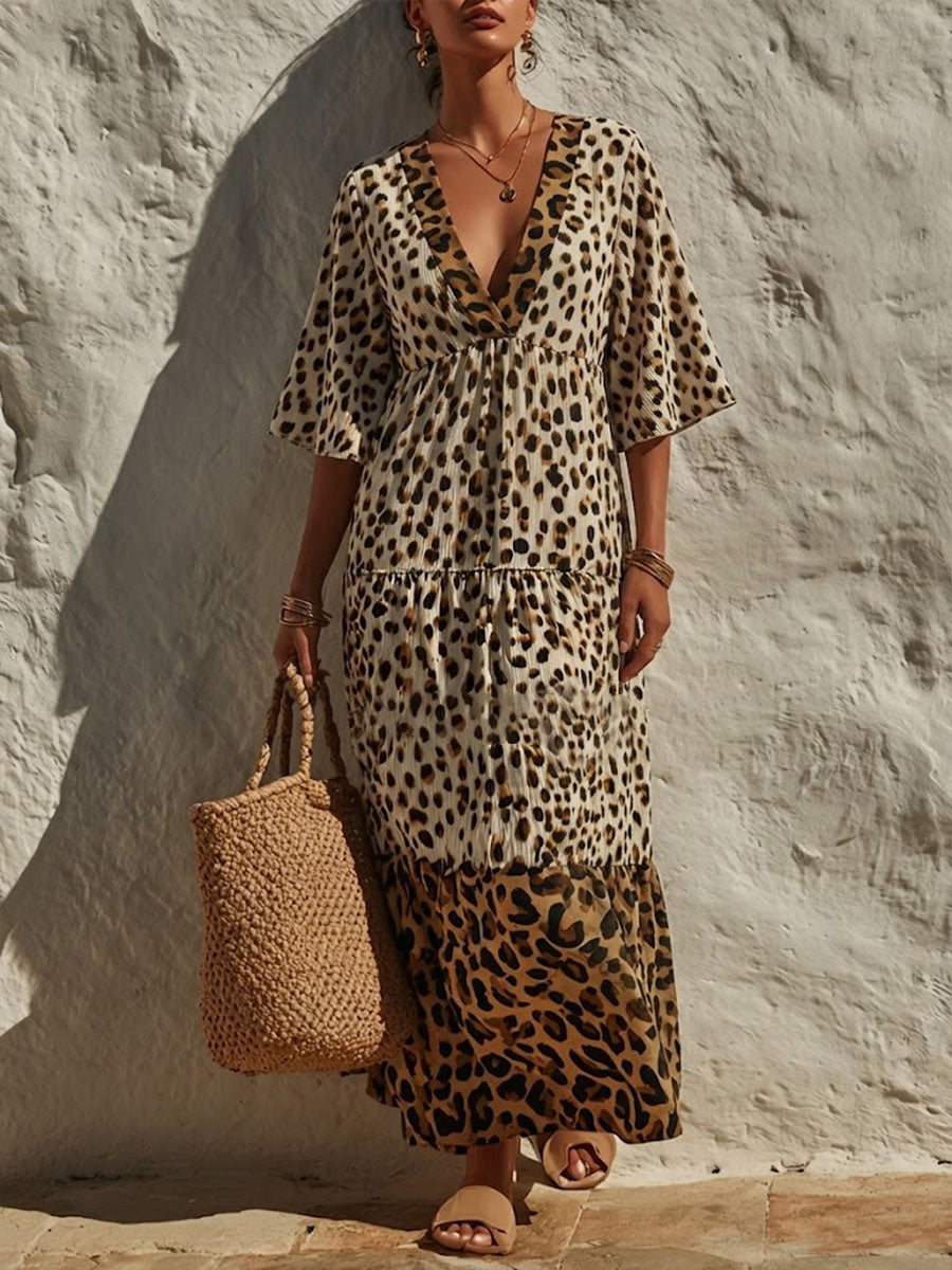 Women's Bohemian Leopard Print Long V-neck Dress