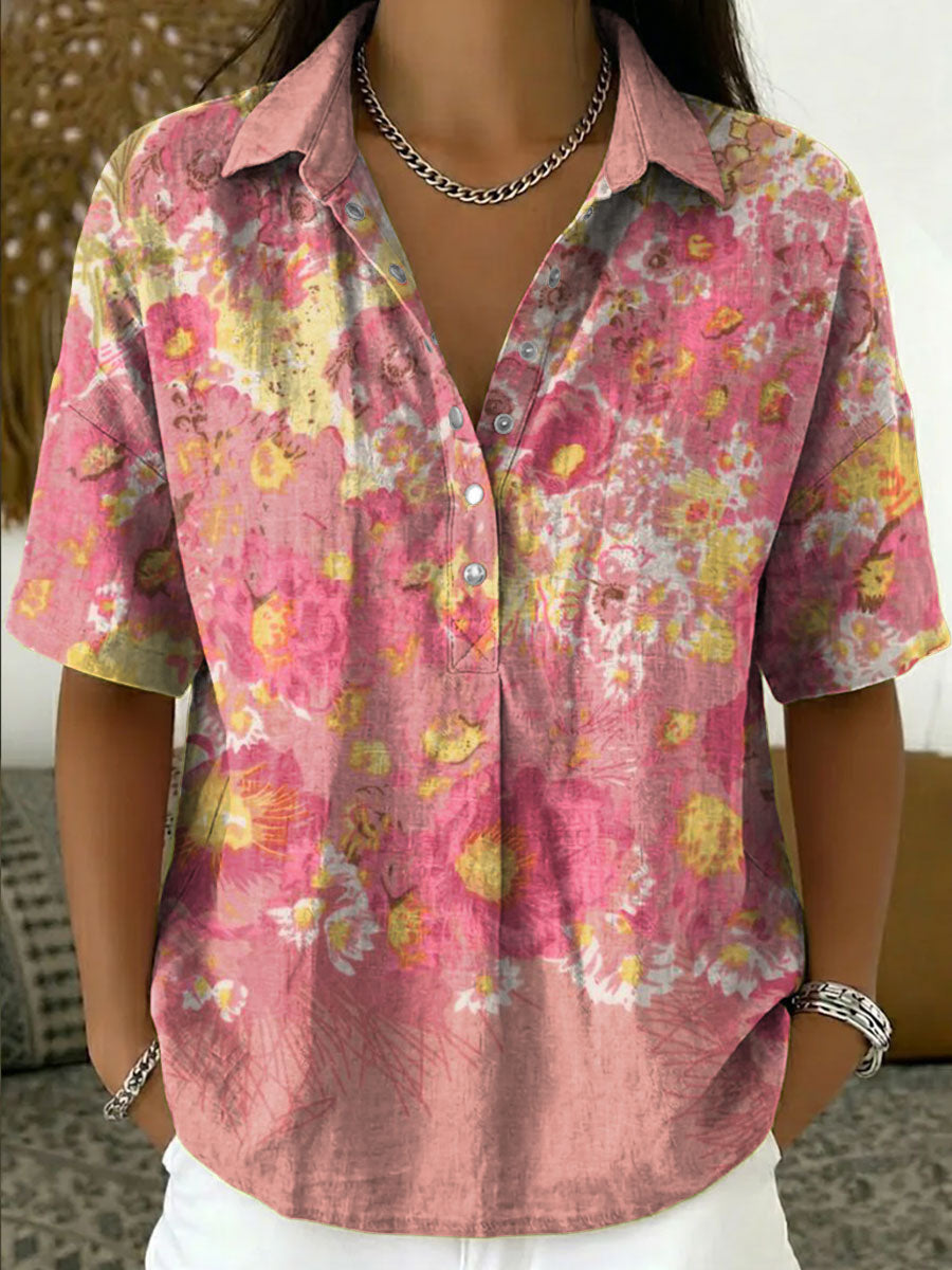 Women's Vintage Botanical Floral Casual Polo Collar Short-sleeved Linen And Cotton Shirt