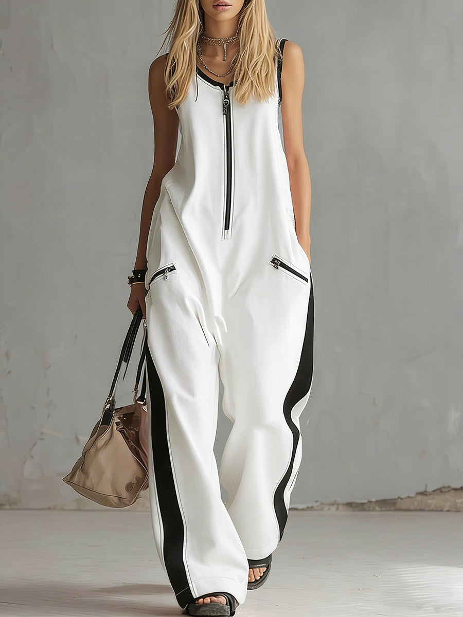 Women's Round Neck Sleeveless Casual Loose-fitting Cotton Wide-leg Jumpsuit