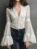 Women's Lace Flared-sleeve V-neck Long-sleeve Shirt