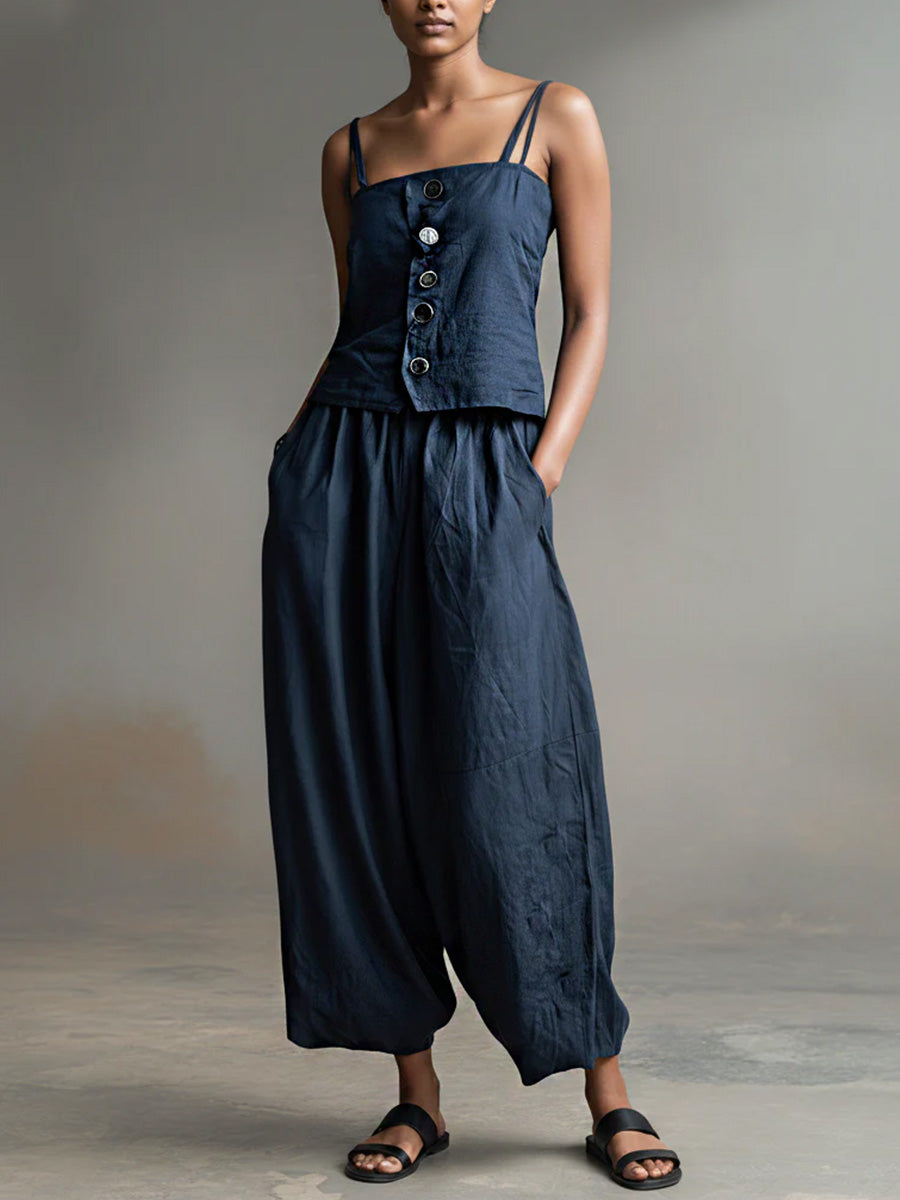 Women's Solid Color Sleeveless Casual Loose Camisole Top With Elastic Waist And Wide-leg Pants Cotton Set