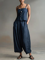 Women's Solid Color Sleeveless Casual Loose Camisole Top With Elastic Waist And Wide-leg Pants Cotton Set
