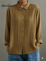 Women's Patchwork Lace Trim Linen And Cotton Pleated Shirt