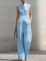 Women's Stand-up Collar Sleeveless Casual Loose Top And High-waisted Casual Loose Wide-leg Pants Cotton Set