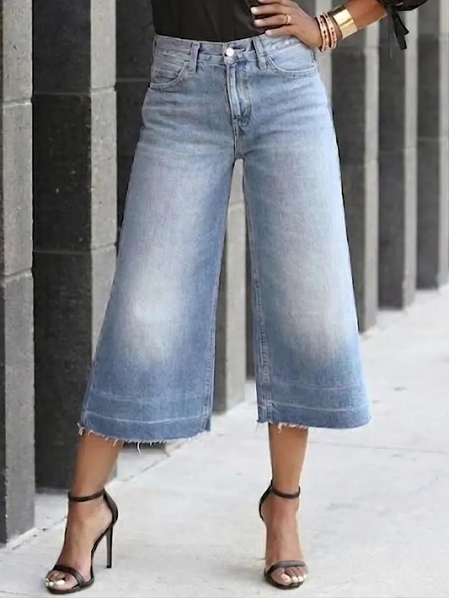 Women's Casual Design Denim Cropped Wide-leg Pants