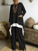 Women's Casual Asymmetrical Hem Cotton Top And Pants Two-piece Set