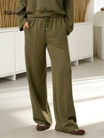 Women's Solid Color High-waisted Drawstring Wide-leg Casual Pants
