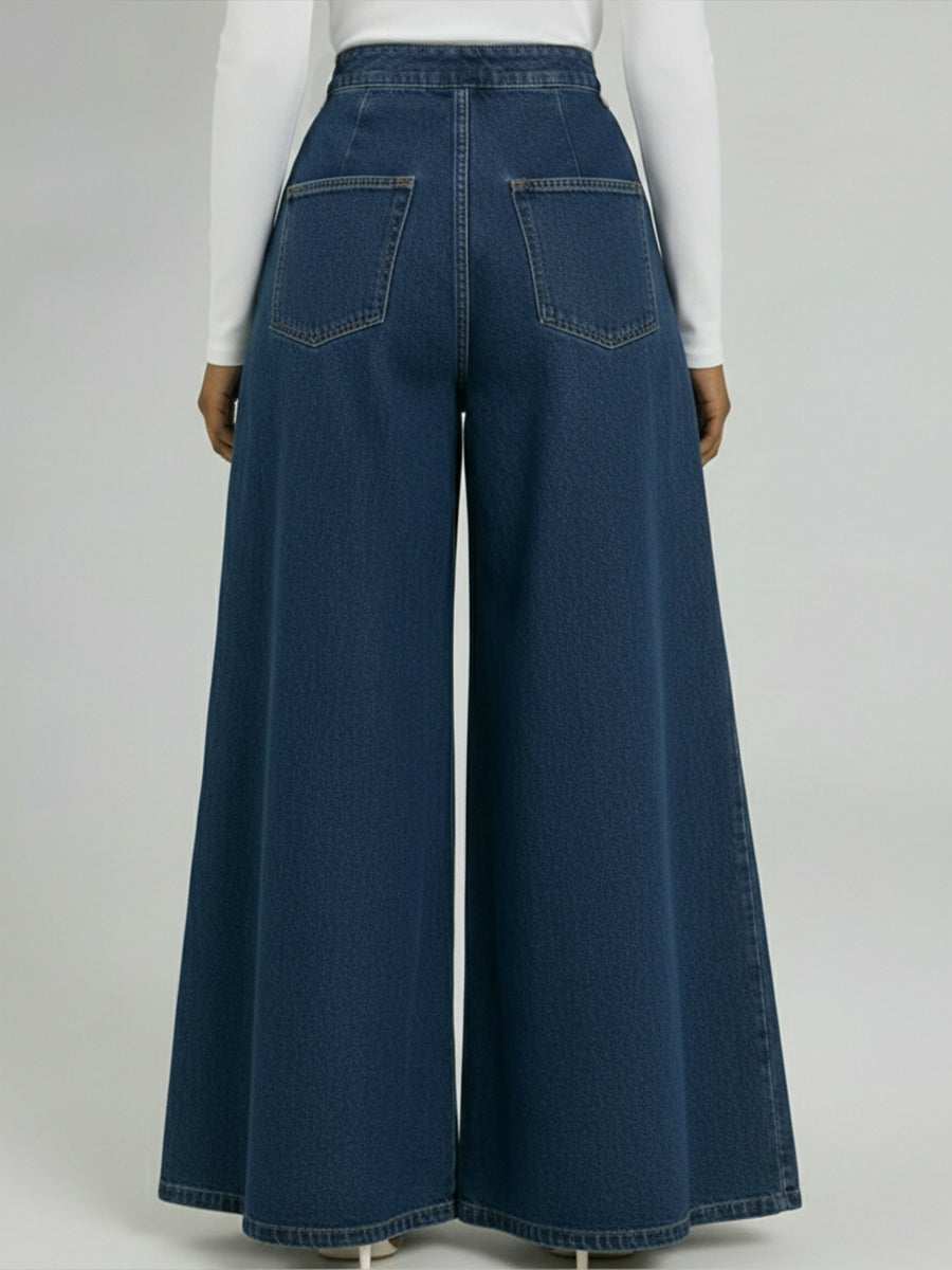 Casual Denim Wide-leg Pants With Metal Ring Embellishments.