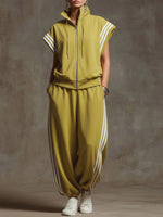 Women's Solid Color Stand-collar Short-sleeved Casual Loose Cotton Top And High-waisted Wide-leg Cotton Pants Set.