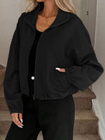 Women's High-neck Zippered Hem Drawstring Pocket Loose Coat