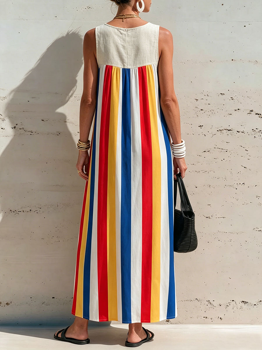 Women's Casual Loose Cotton-linen Dress With Contrast Striped Print Round Neck And Sleeveless Design