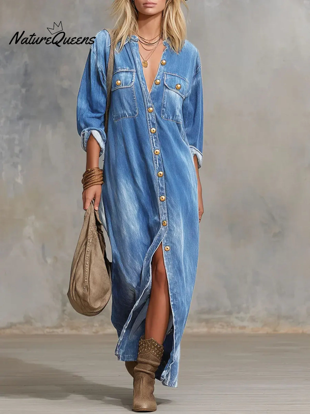 Women's Cardigan-style Collarlong-sleeved Casual Loose Denim Dress.