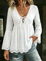 Women's Causal V-neck Lace-trimmed Cotton Top