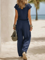 Linen-cotton V-neck Top & Wide-leg Pants Set