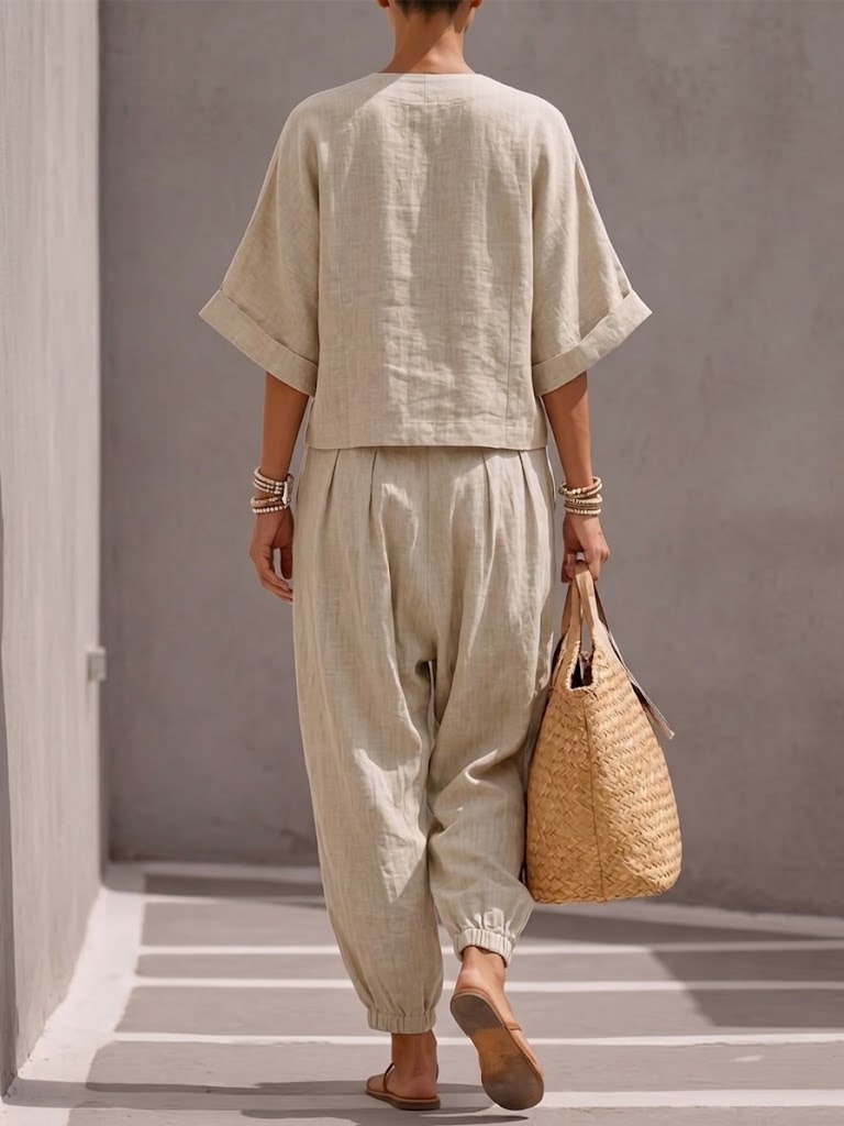Casual Linen And Cotton Button-up Top And Trousers Two-piece Set