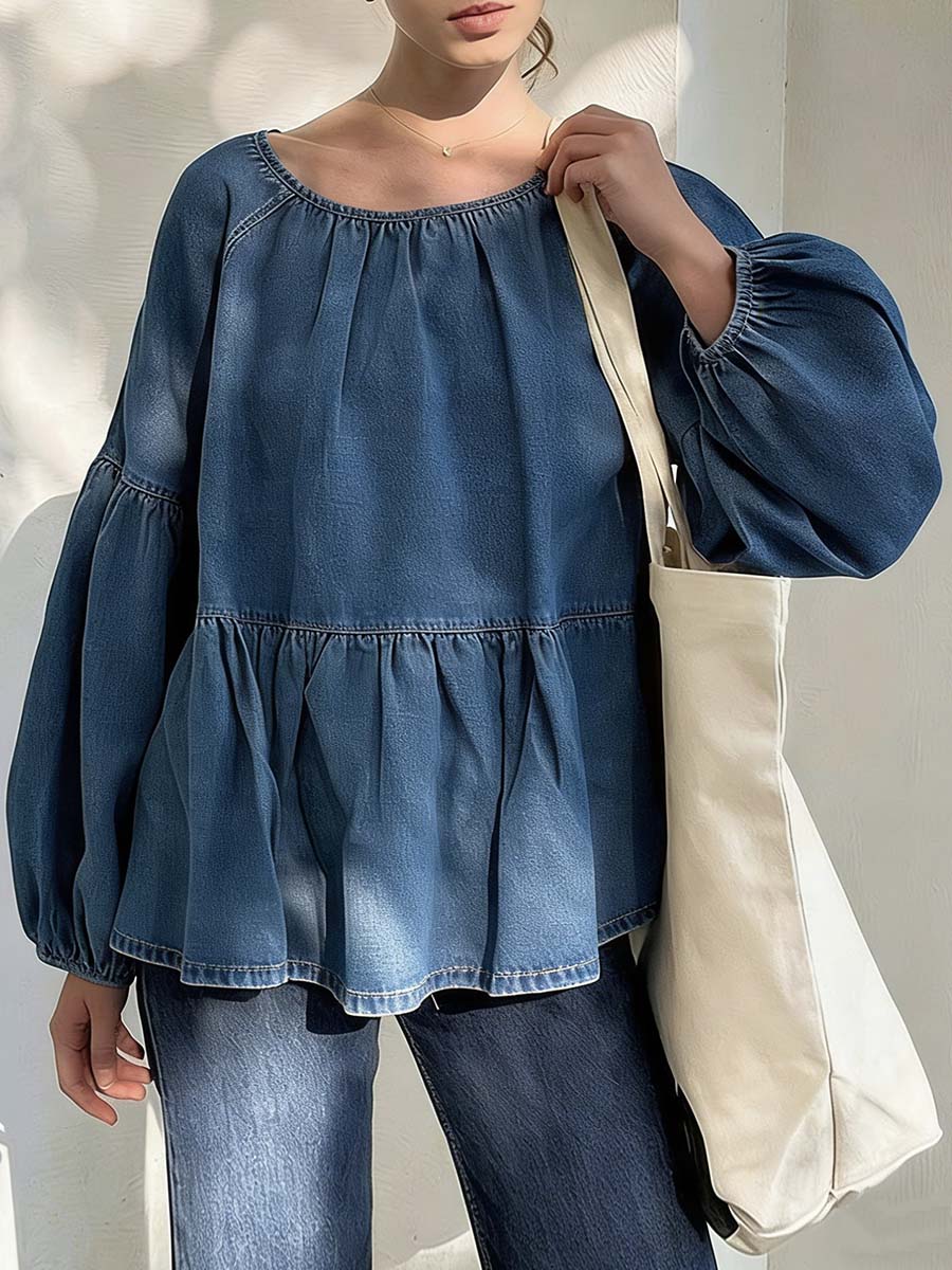 Women's Round Neck Long-sleeved Loose-fitting Casual Denim Top.