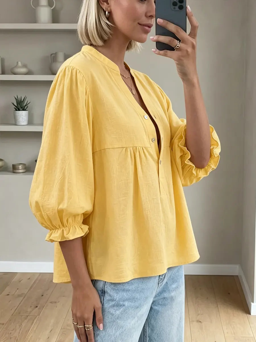 Women's Puff Sleeve Cotton And Linen Top