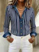 Casual Striped-panel Denim Long-sleeve Shirt