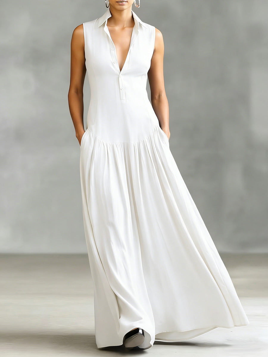 Women's Solid Color Lapel Sleeveless Casual Loose Cotton Dress