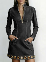 Women's Stand Collar Long Sleeve Casual Slim Fit Denim Dress