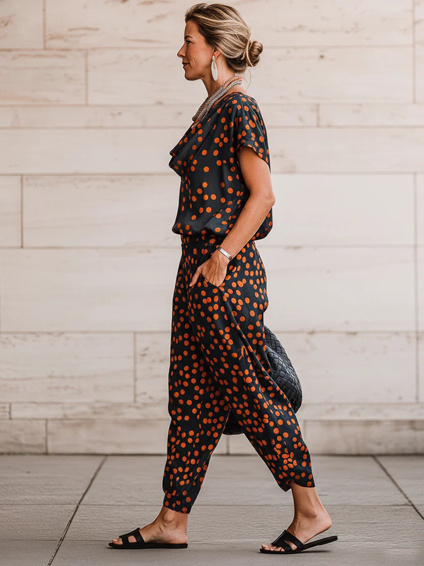 Casual & Cozy Polka-dot Cowl-neck Top And Pants Two-piece Set