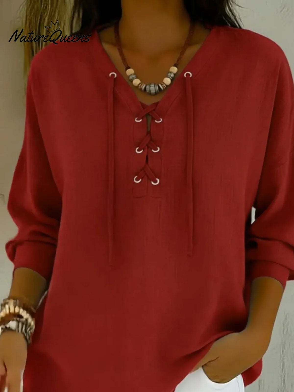 Casual Lace-up Cotton And Linen Shirt Top