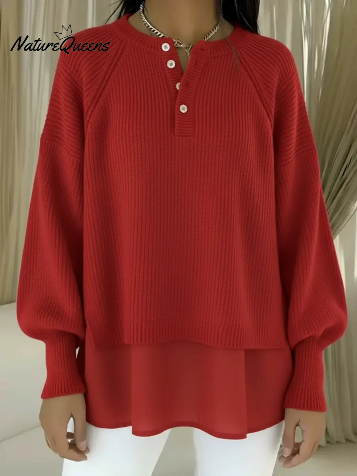 Women's Patchwork Chiffon Comfortable Henley Collar Sweater