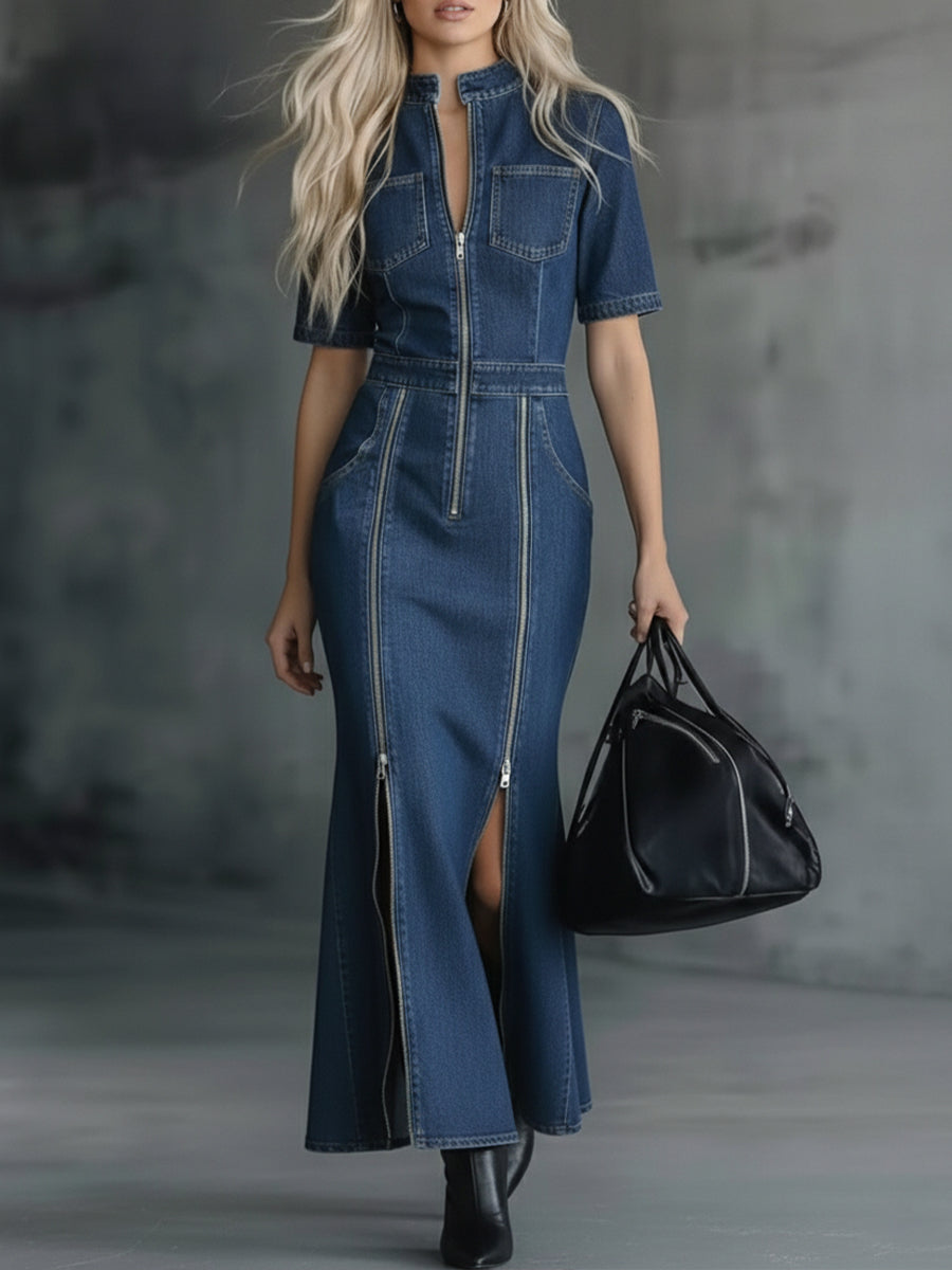 Casual Zippered Denim Fishtail Dress