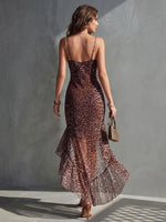 Leopard Print Chiffon Midi Slip Dress — Asymmetrical Ruffled Hem