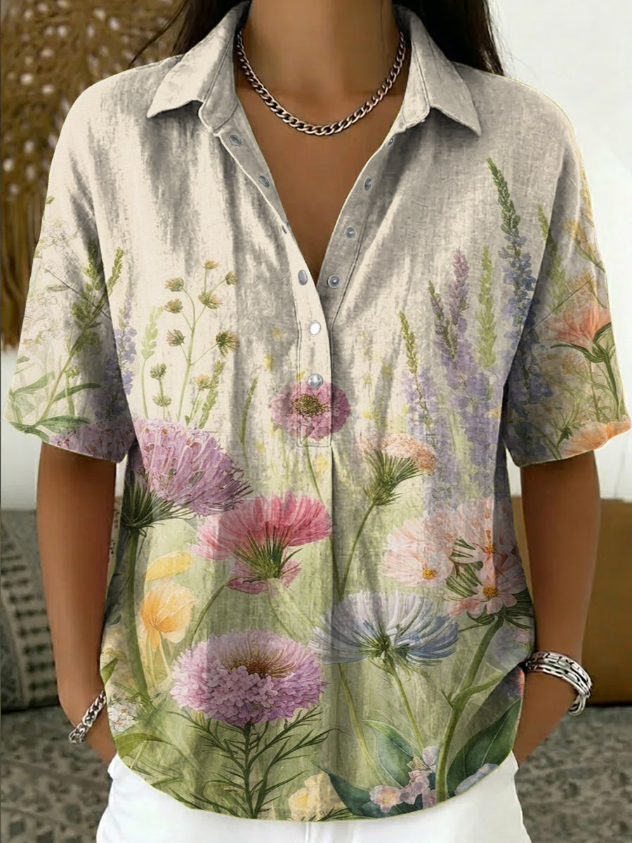 Floral Art Pattern Casual Cotton-linen Shirt
